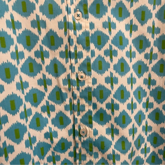 Tizzie Cotton Poplin Ikat Print Turquoise & Chartreuse Button Up Shirt Blouse M - Picture 7 of 8